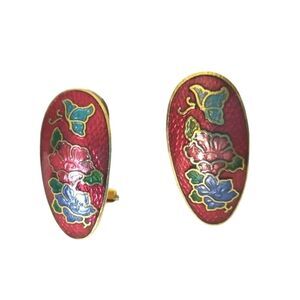Vintage Red Flower Cloisonne Domed Stud Earrings Yellow Gold Plated Omega Clip
